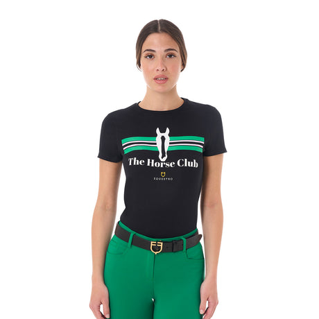 Equestro Women's Stripe Horse Club Cotton T-Shirt #colour_black