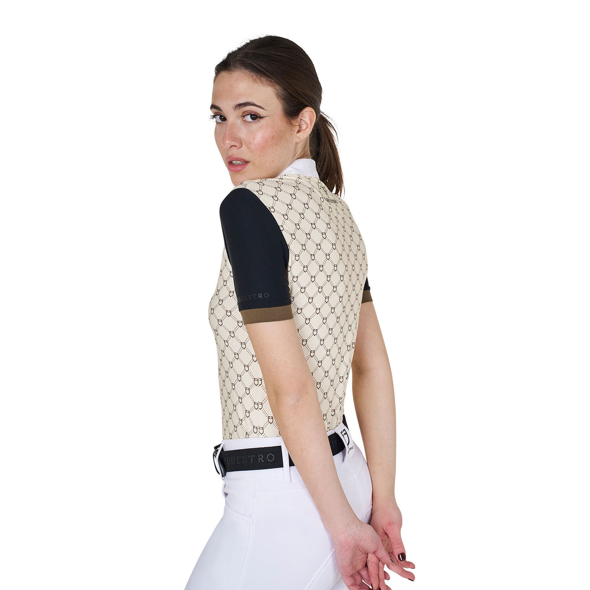 Women's short-sleeved competition polo shirt with monogram print