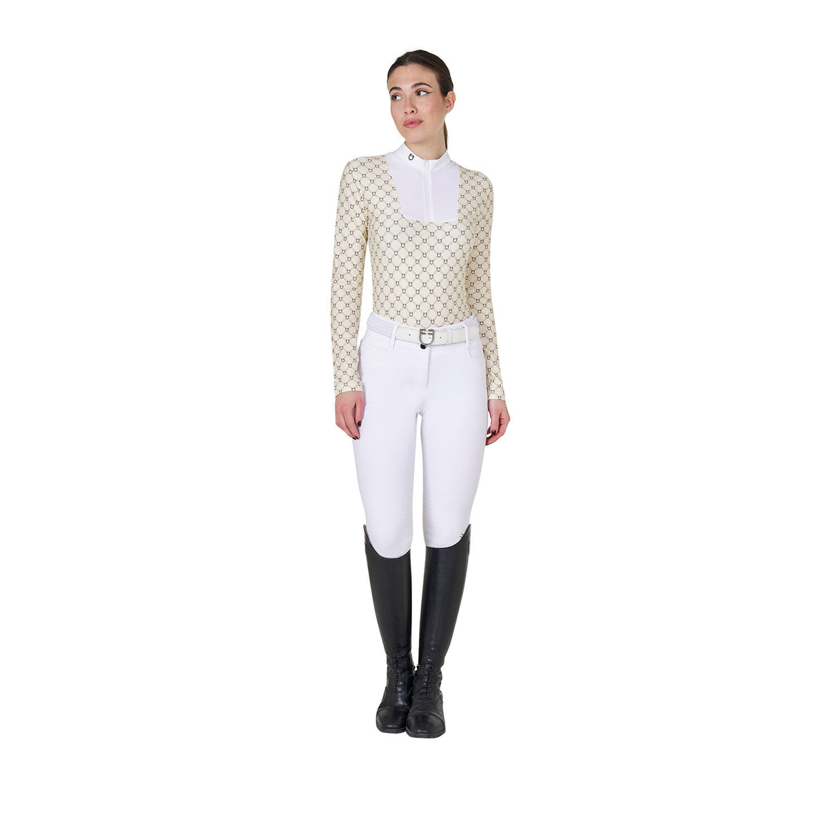 Women's long-sleeved competition polo shirt with monogram print