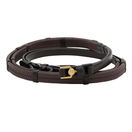 The FR Vincitore Libre Rein 16mm Indian Rubber with Loops #colour_havana-leather-gold-connector