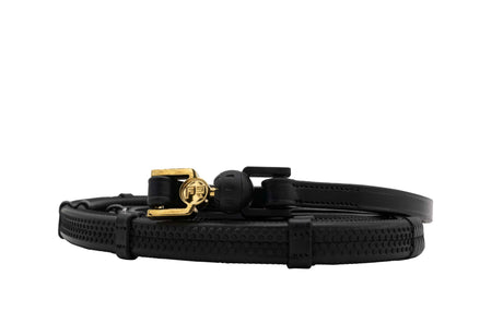 The FR Vincitore Libre Rein 12mm Indian Rubber with Loops #colour_black-leather-gold-connector