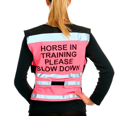 Equisafety Horse In Training Please Slow Down High Visibility Waistcoat #colour_pink
